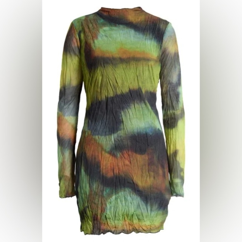 Topshop Tie Dye Long Sleeve Mesh Minidress in Dark Green Mult